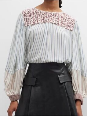 See By Chloé Kim Patchwork Puff Sleeve Multicolor stripe floral  Top NWT Size 38